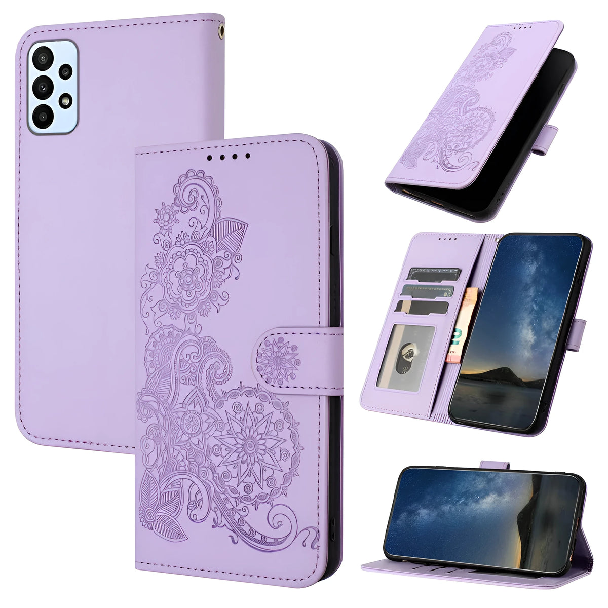 Embossed Datura flower flip leather Samsung phone case with card holder in royal blue