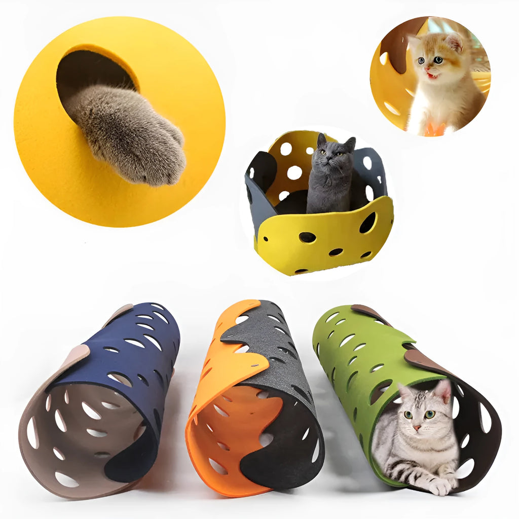 Collapsible felt cat tunnel 92 x 22 cm with peepholes, dual-colour felt surface, for kittens and small pets