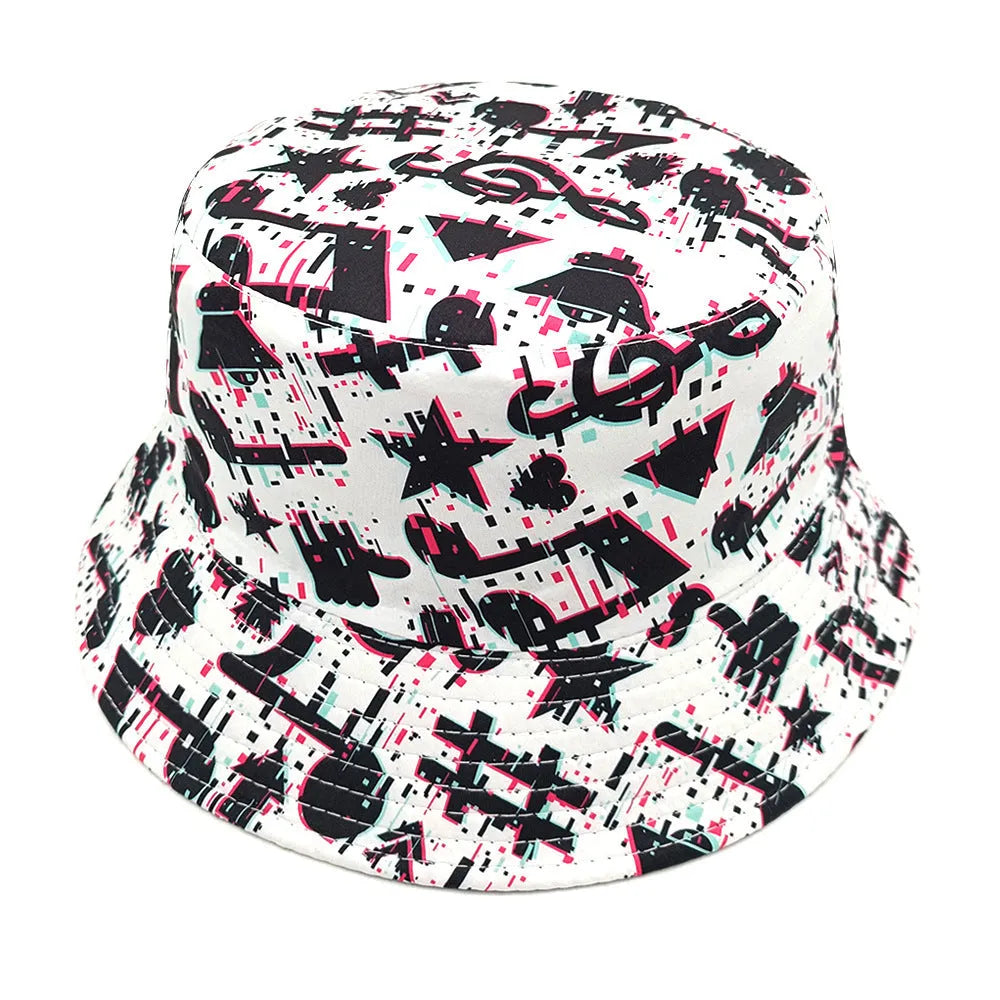 Musical note pattern printed bucket hat with dome crown in polyester fabric measuring 56-58cm