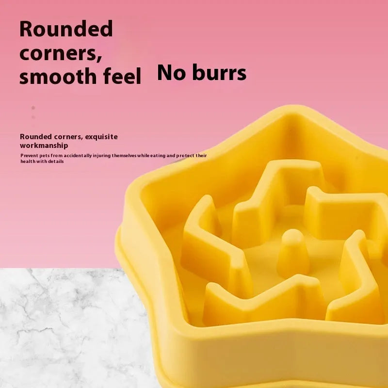 Yellow plastic slow feed dog bowl with textured base to prevent choking, 20.1cm diameter.