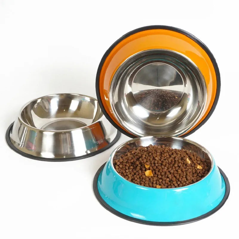 Stainless steel pet bowl with melamine exterior in six colour options showing non-slip base