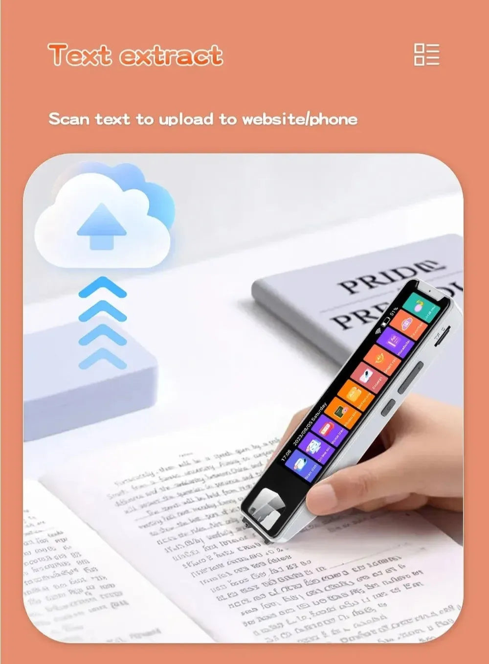 Multi-language scanning pen with 3.38in screen, ABS body, 148x36x15mm, offline Arabic model, with silicone cover.