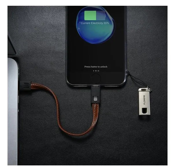 Short 20cm leather-braided USB C to Apple Lightning charging cable with zinc alloy connectors