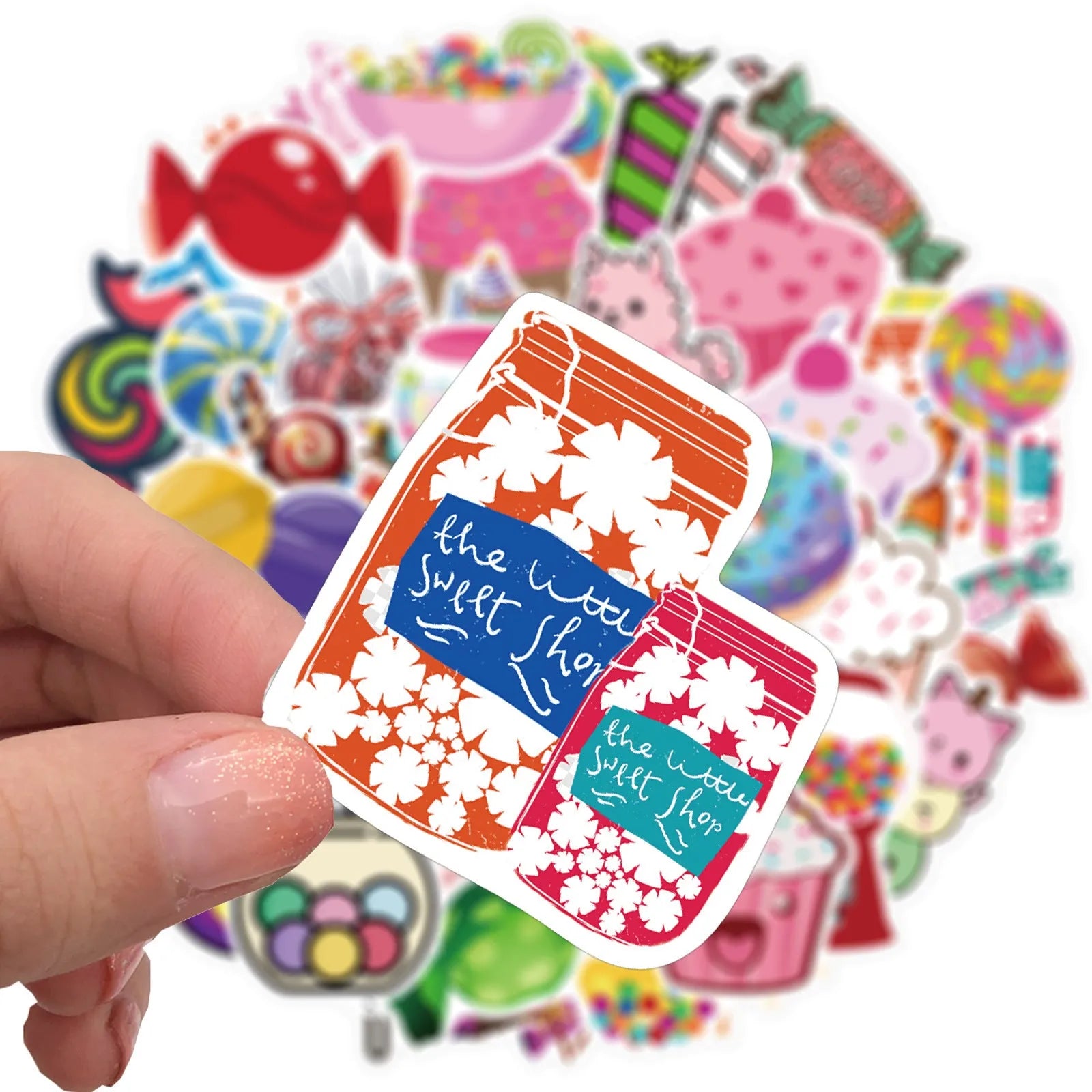 Pack of 50 colourful candy graffiti cartoon stickers measuring 4-6cm on pink background