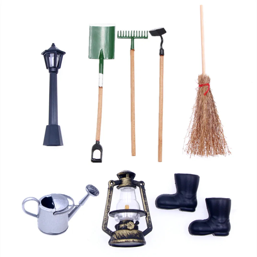 Alloy miniature garden tool set for dollhouse and elf garden scenes, 3pcs set