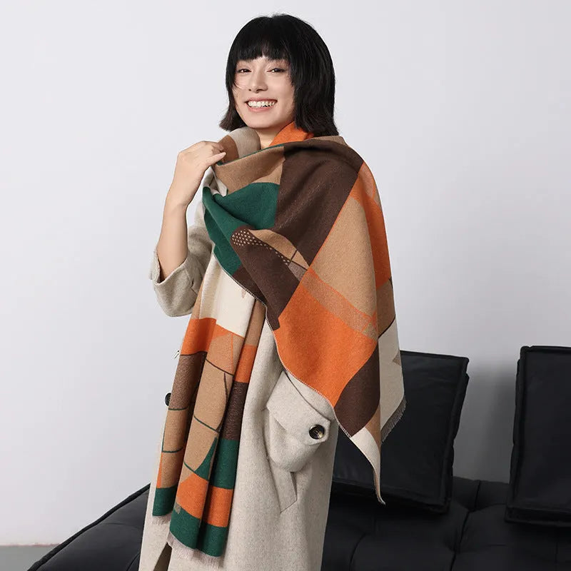 Long 185x65cm polyester autumn scarf in European style draped showing colour options