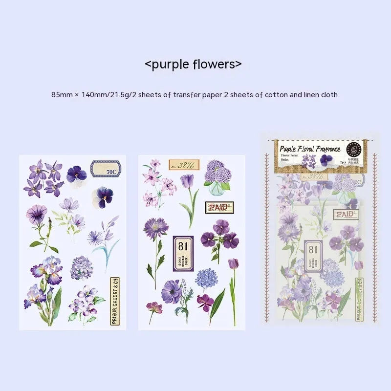 Huazhisen art deco forest label stickers in six colour variants showing transfer paper and cotton linen sheets
