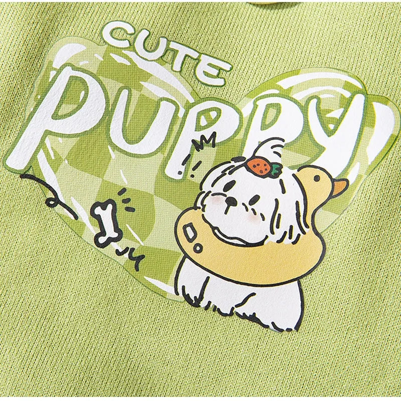 Blue thin fleece pet hoodie with white drawstring hood and cute cartoon dog graphic, sizes XS to XXL