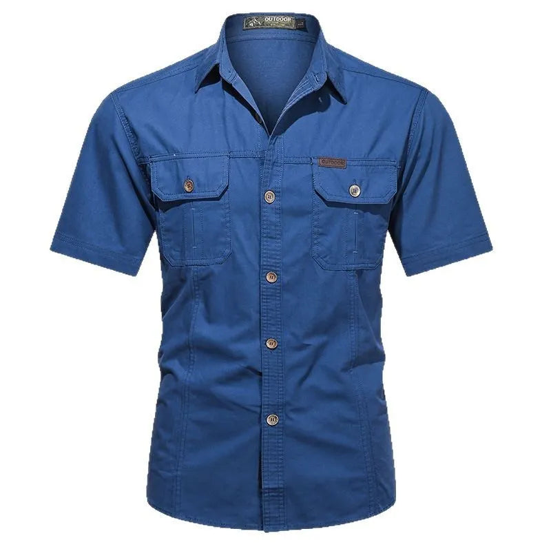 Men's cotton short sleeve work shirt in loose cardigan style, non-ironing treatment, multiple colour options