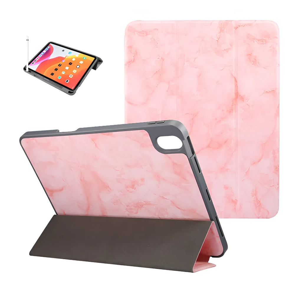 Dark gray tri-fold marbling iPad leather case with a visible pen slot, shown in stand position.