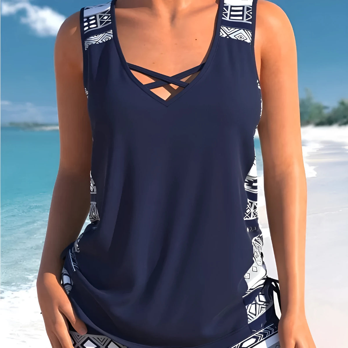 Women's polyester one-piece swimsuit, sleeveless briefs style, conservative split design, sizes S to XXL