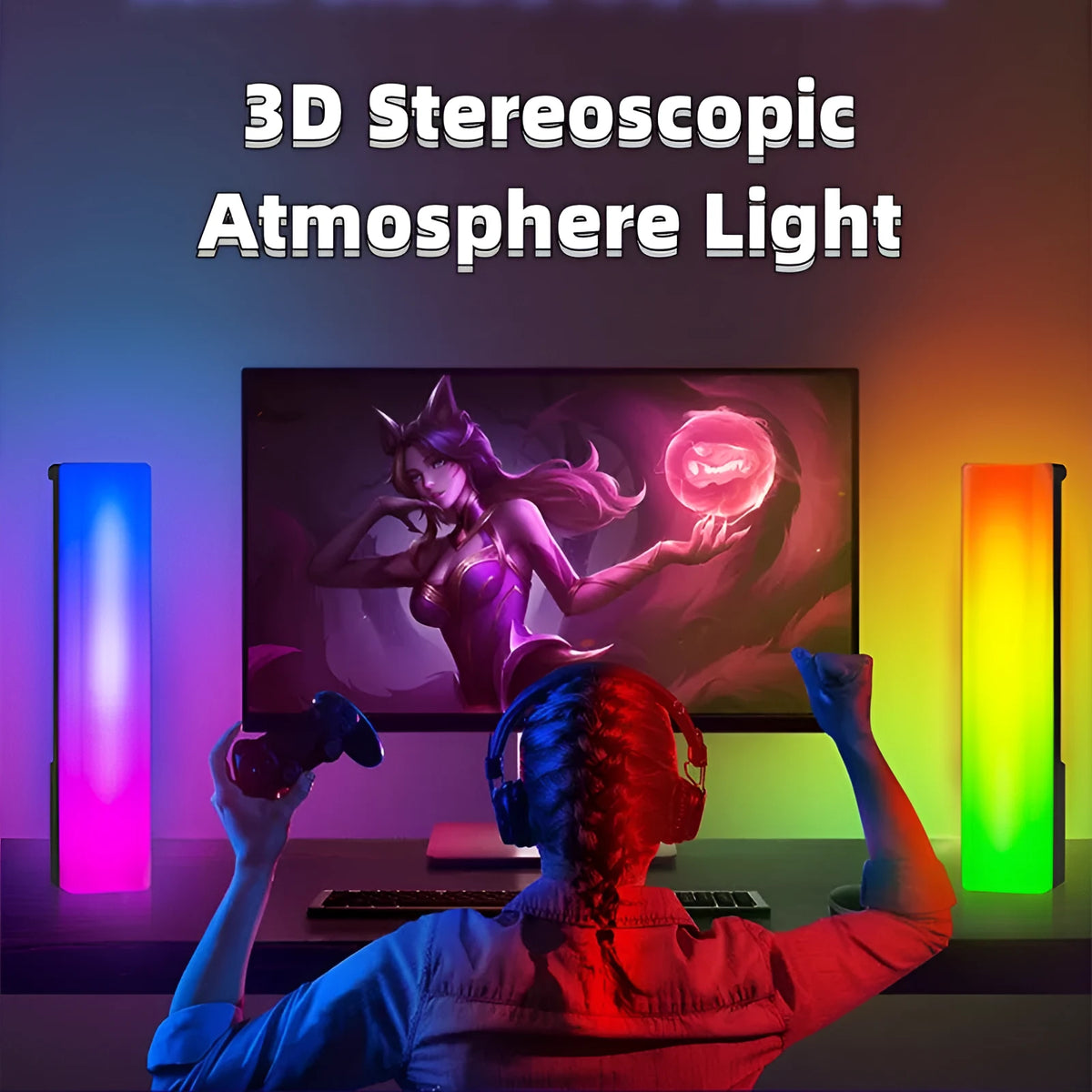 3D RGB music voice-activated ambiance lamp in white or black shell on tabletop