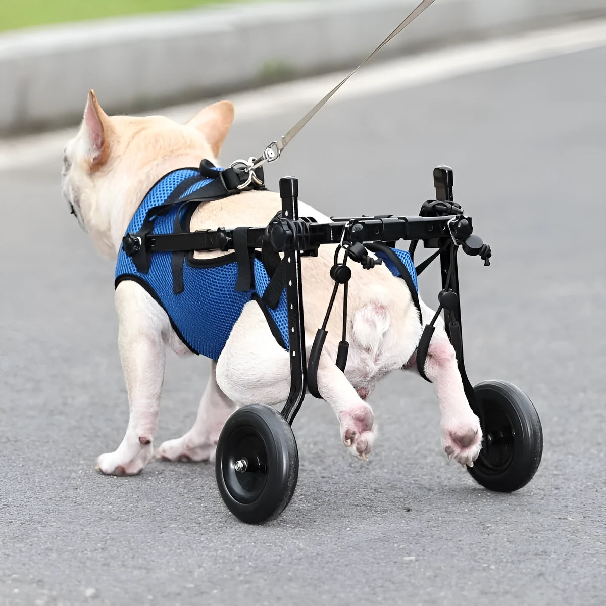 Blue dog wheelchair with aluminium alloy frame and polyester support, sizes XS to M