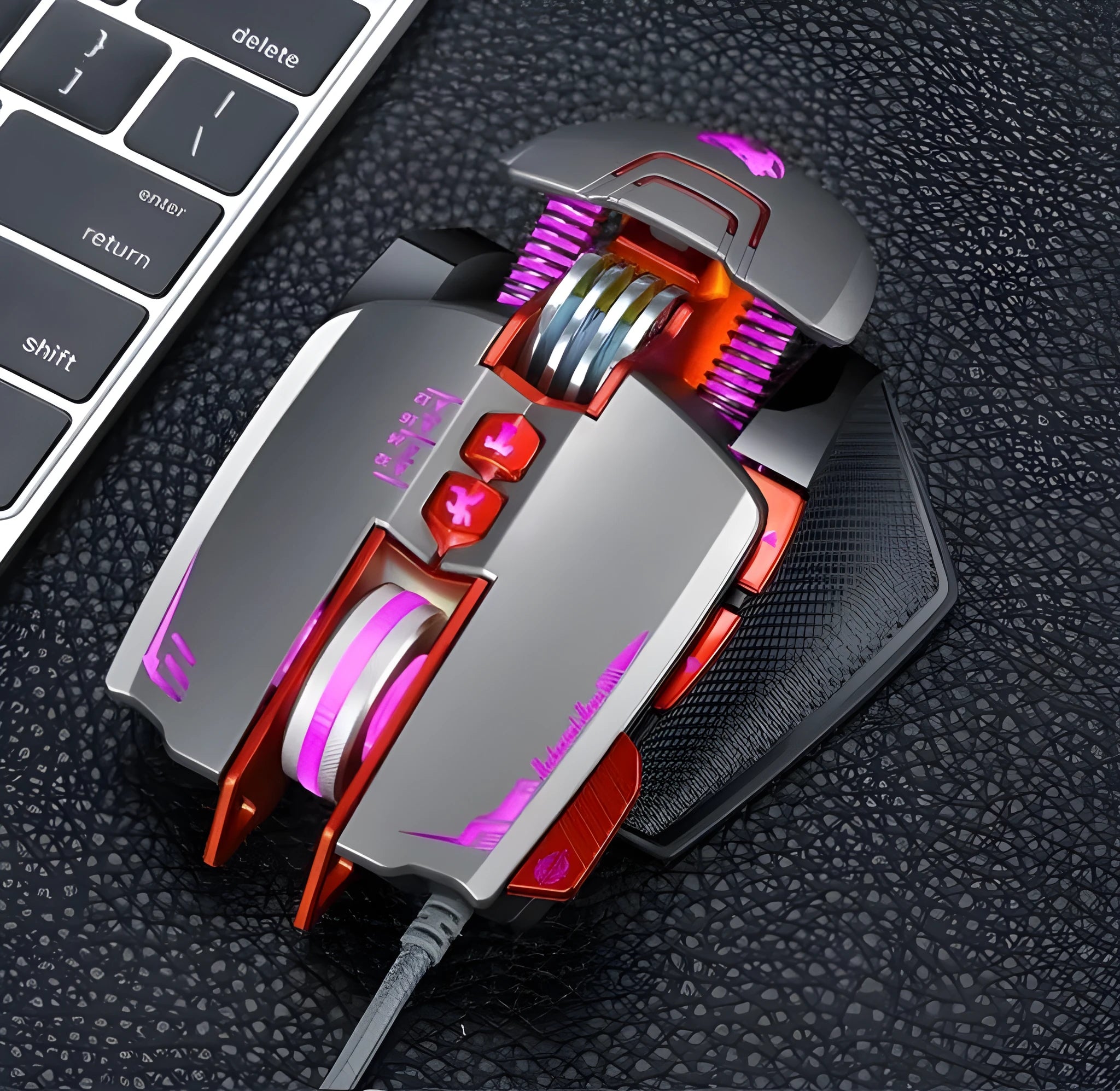 Thunder Wolf V9 black wired gaming mouse with ergonomic shape and 6 keys on a desk
