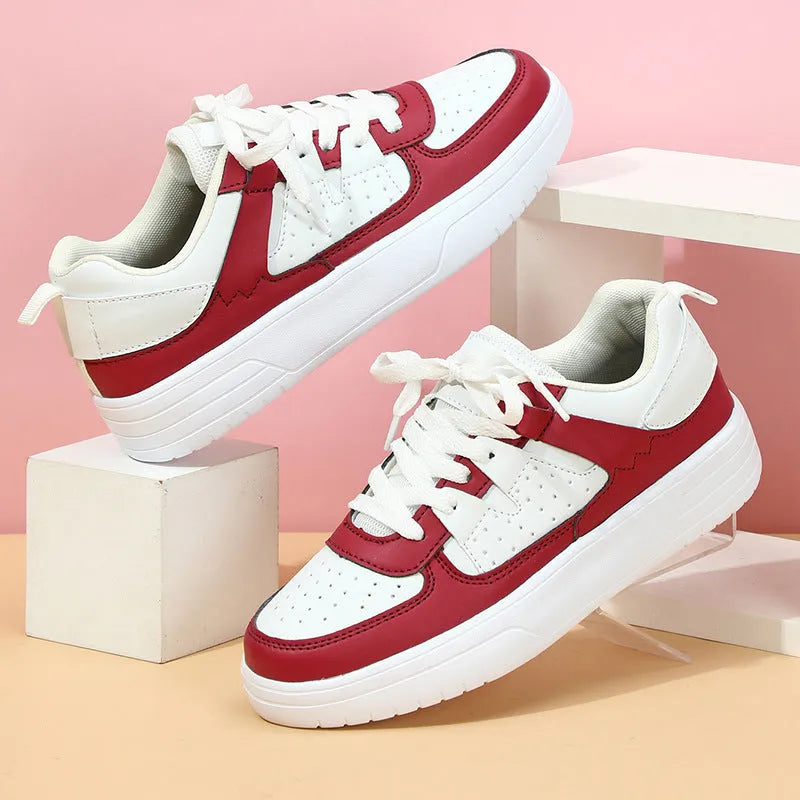 Couple platform sneakers with white upper, round toe, and EVA sole with lace-up closure.