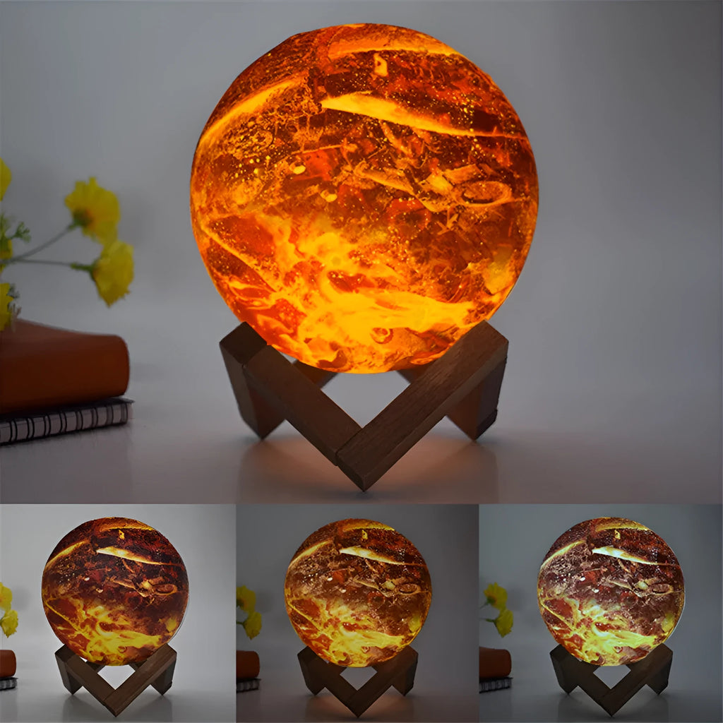 Painted flame LED 3D night light with PVC shade, 150mm diameter, touch switch, USB power