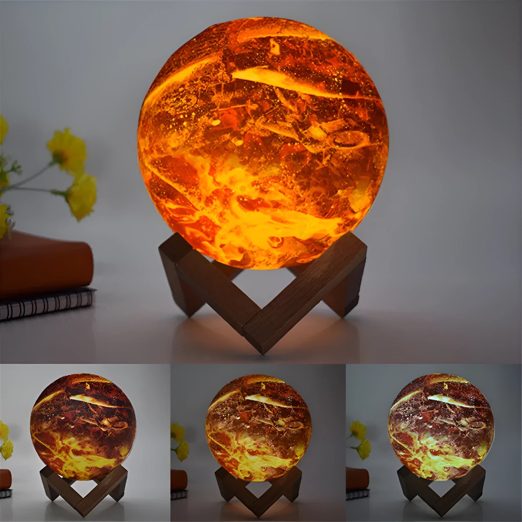 Painted flame LED 3D night light with PVC shade, 150mm diameter, touch switch, USB power