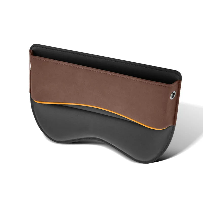 Leather car seat storage box in a choice of five colours on a car rear seat.