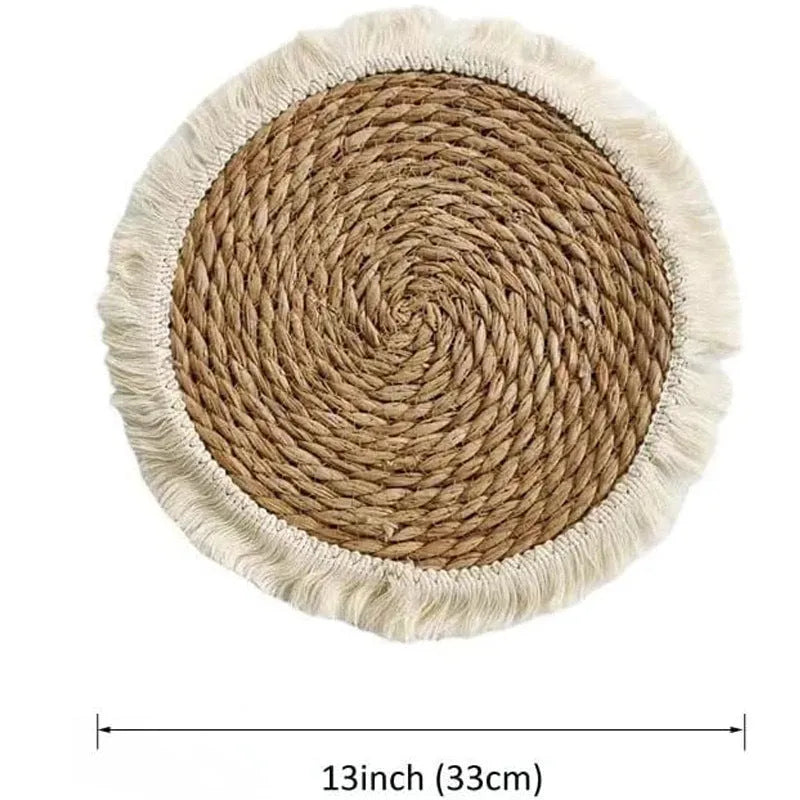 Round Japanese straw placemat with natural papyrus weave and tassel detailing in corn rope or plain style