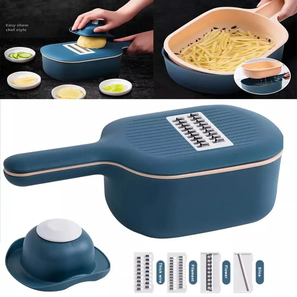 Vegetable cutter with four blades, hand protector, drain basket, bottom basin, 28.5 x 8.5cm, stainless steel and ABS