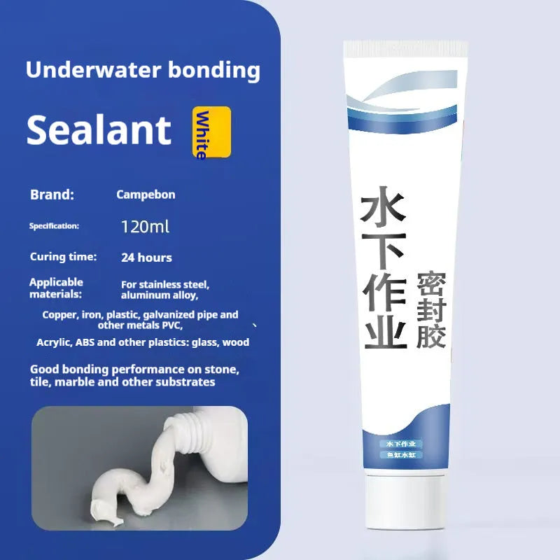 Underwater adhesive sealant tube for glass fish tank leak repair, silicone, 60ml or 120ml, transparent or white