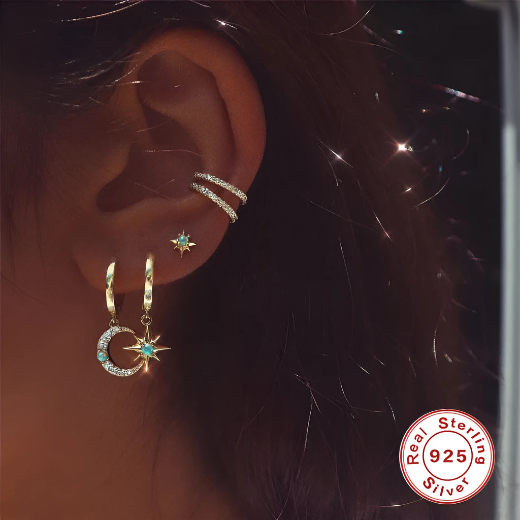 S925 sterling silver octagonal stud earrings with diamond and opal accents in gold or white gold colour