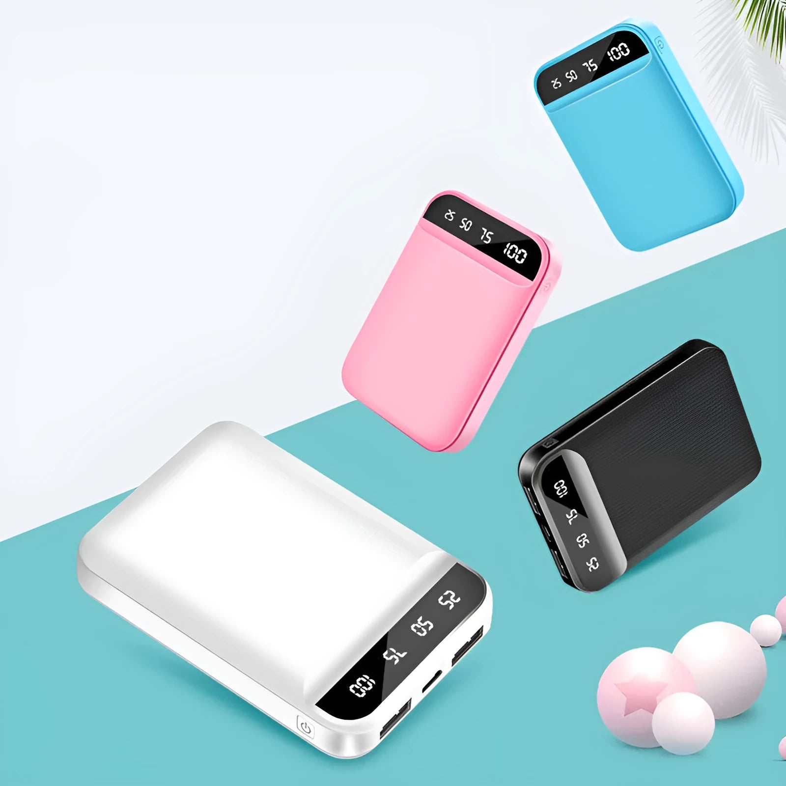 Compact mini power bank in black, blue, pink, or white, showing size compared to a hand.