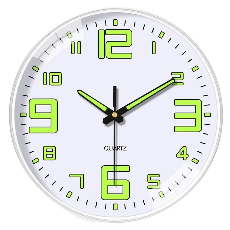 8 inch luminous wall clock with modern white plastic shell on a wall.