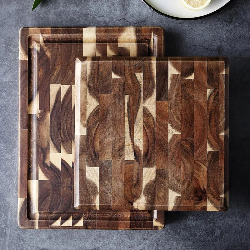 Brown acacia wood kitchen cutting board showing wood grain and 3cm thickness.
