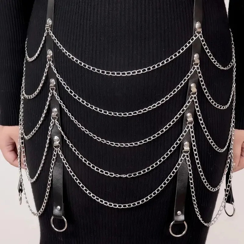 Black PU leather bandage-style waist chain ornament for women, shown with adjustable closure.