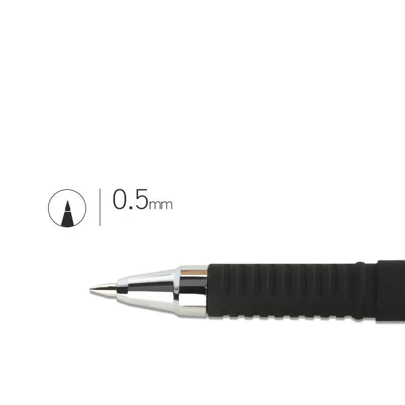 Eight carbon black gel pens with plastic bodies, featuring both bullet-tip and needle-tip options for writing