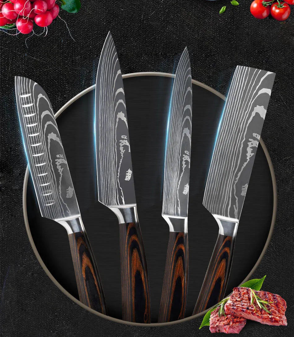 Kitchen chef knife with laser Damascus pattern on 5Cr15 steel blade and colour steel handle
