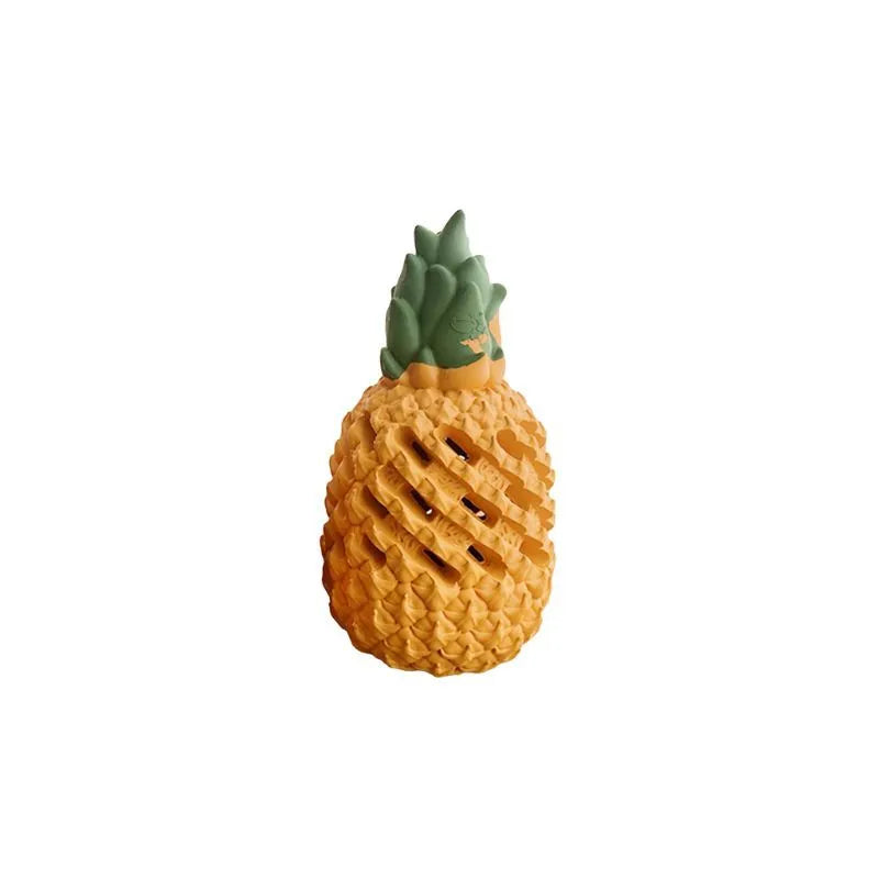 Yellow pineapple-shaped rubber dog chew toy with hollow treat section for small and large dogs