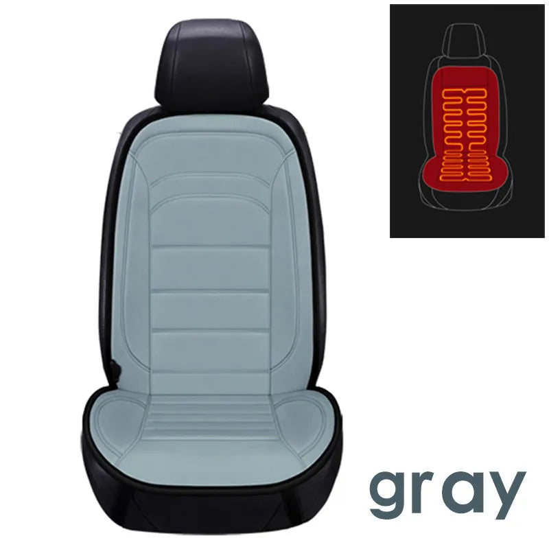 12V electric car heating cushion with backrest, available in brown, beige, black, and grey, one-seater size.