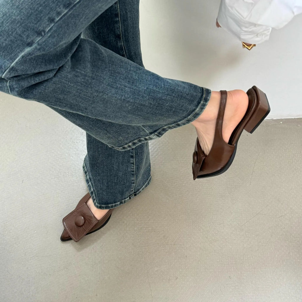 Women's pointed toe closed sandals with low heel and back strap in apricot colour