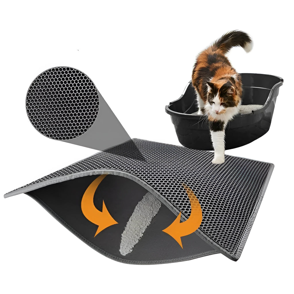 Honeycomb EVA cat litter mat in gray with waterproof base, sizes S M L, trapping litter from paws