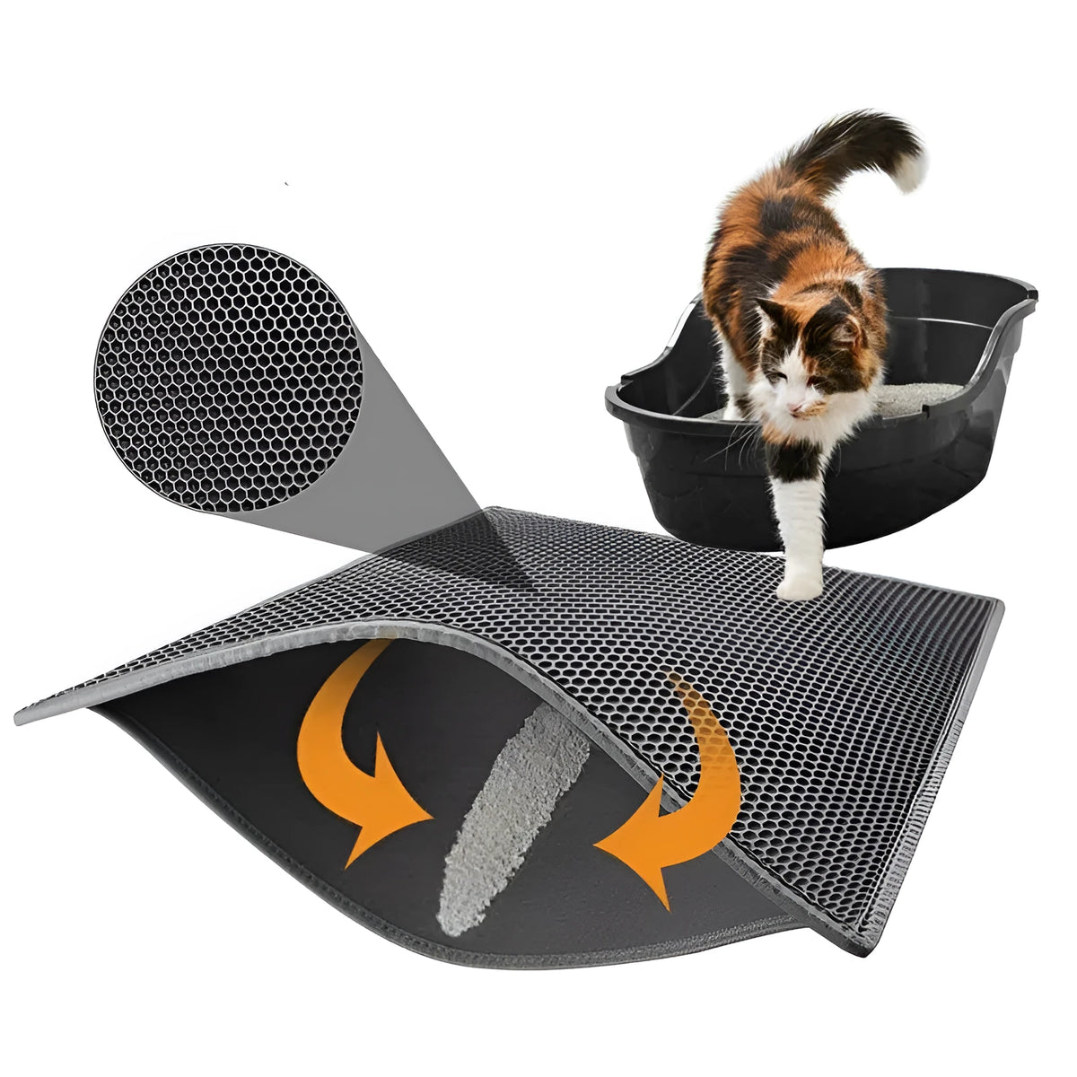 Honeycomb EVA cat litter mat in gray with waterproof base, sizes S M L, trapping litter from paws