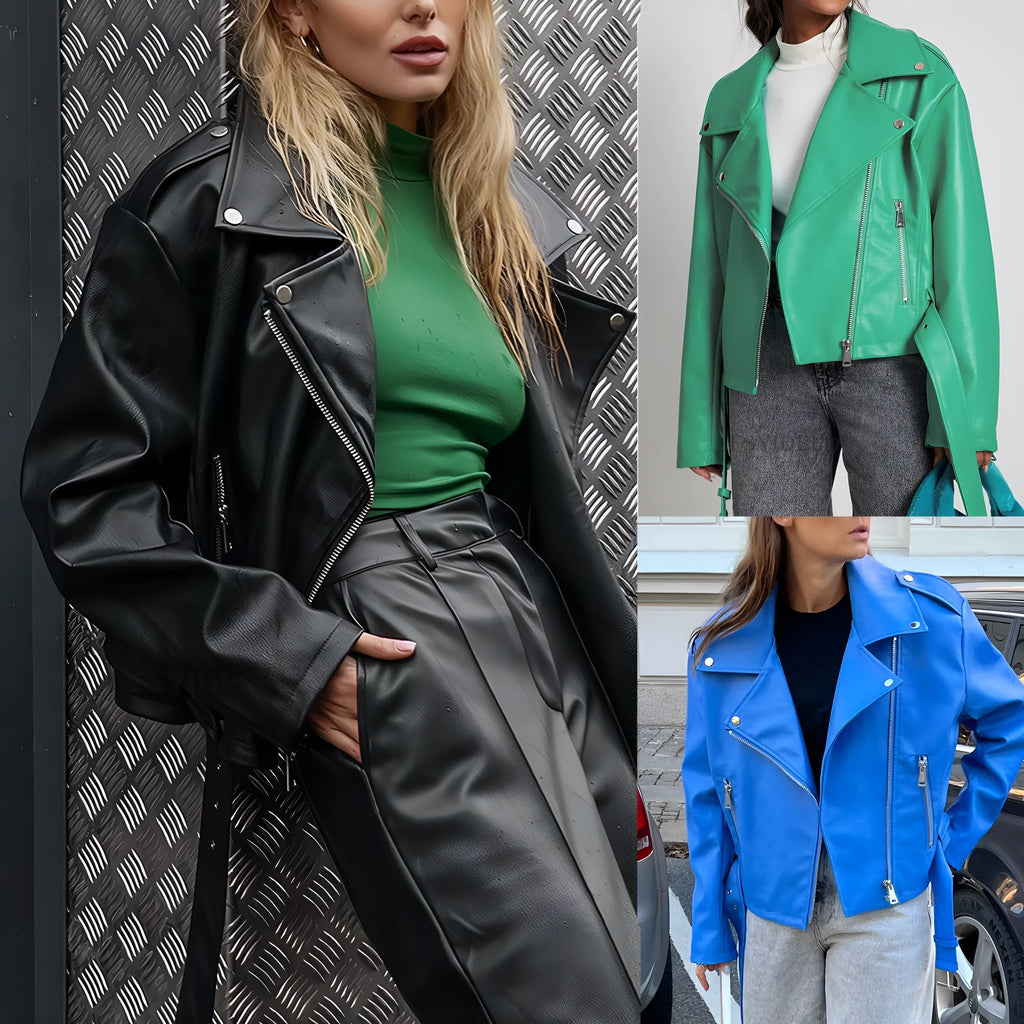 Punk style short leather-look jacket with locomotive lapels and Peter Pan collar in polyester fibre