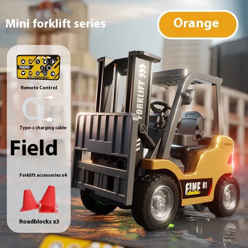 1:64 scale die-cast alloy Bluetooth remote-control forklift model with accessories on a table