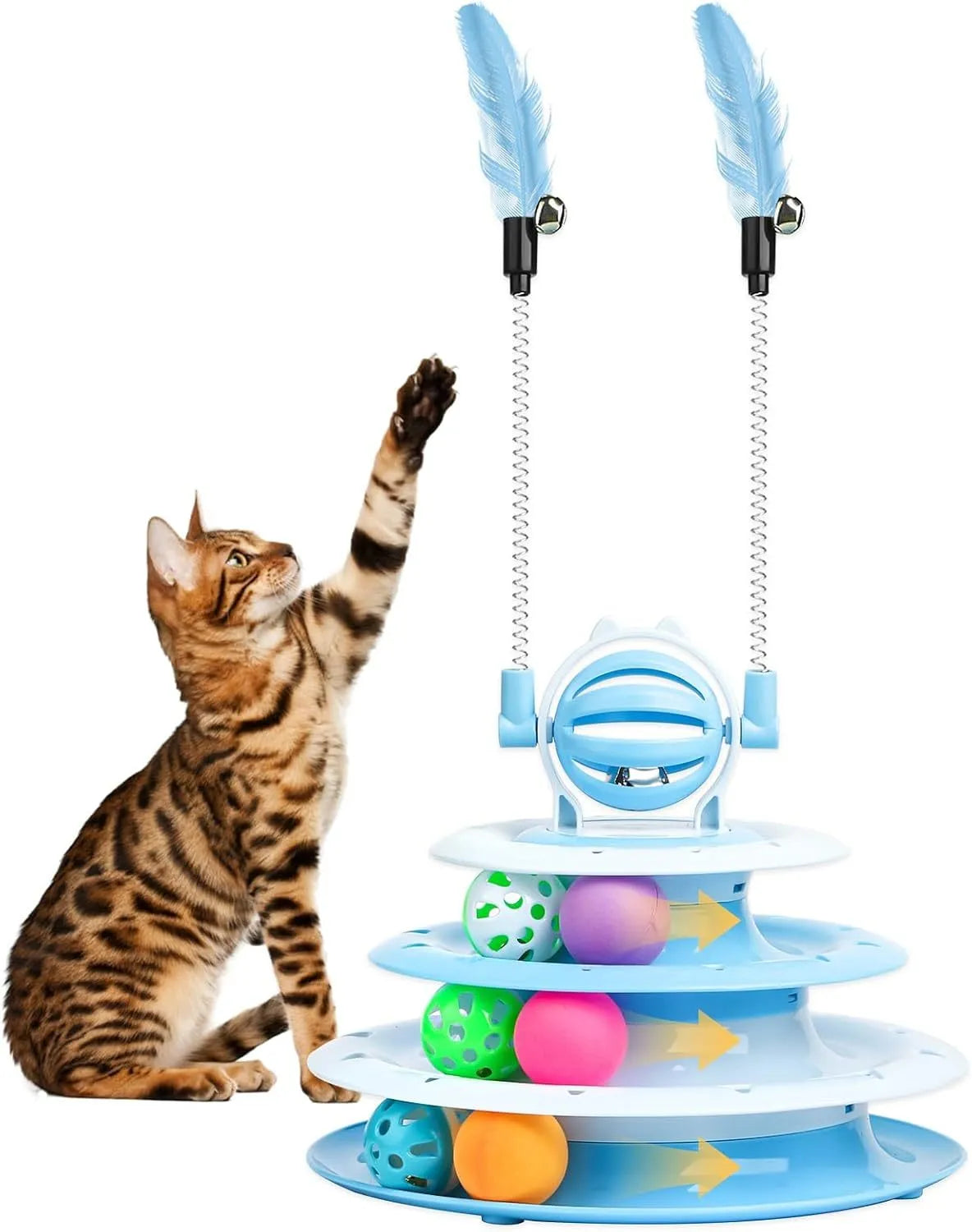 4-tier interactive cat puzzle ball toy with six coloured balls, two teasing rods, and bell on top