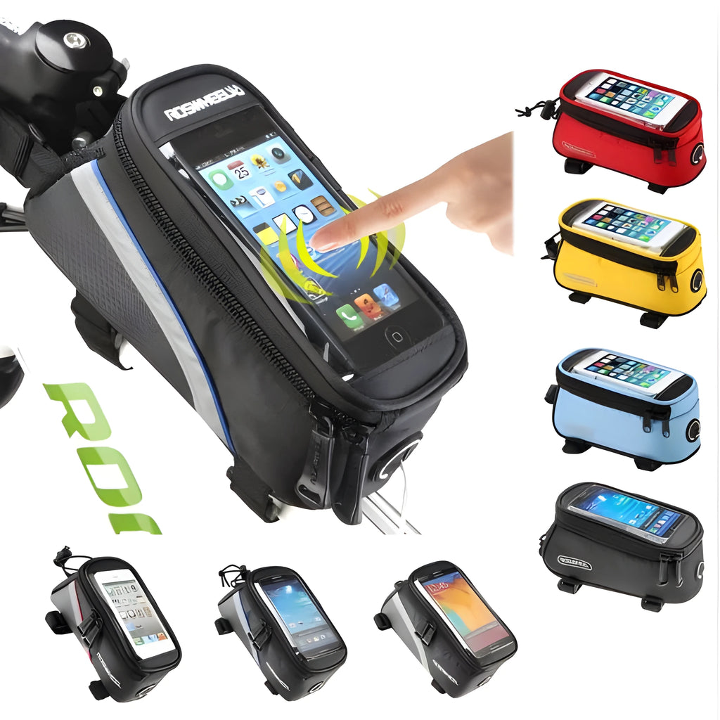 ROSWHEEL PVC bicycle frame bag for iPhone smartphones mounted on bicycle frame in black colour