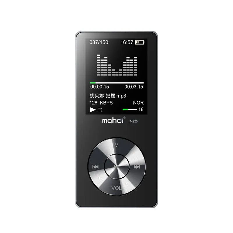 Gold all-metal MP3 player with a 1.8-inch screen, showing menu interface and 3.5mm headphone jack.