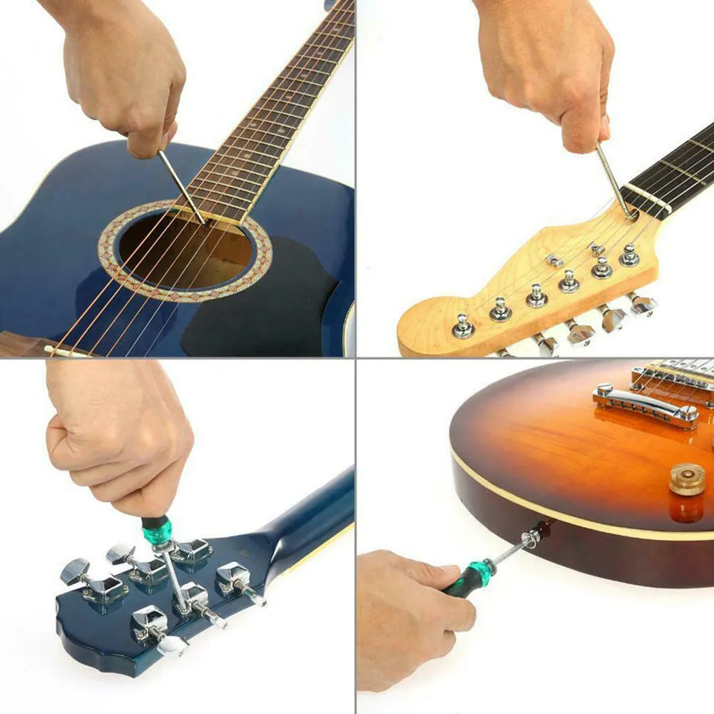 Black plastic and metal guitar repair tool kit for guitar bass mandolin banjo maintenance