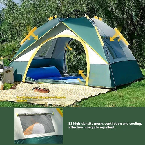 Dark green silver glue 3-4 person automatic quick open camping tent with glass fibre poles