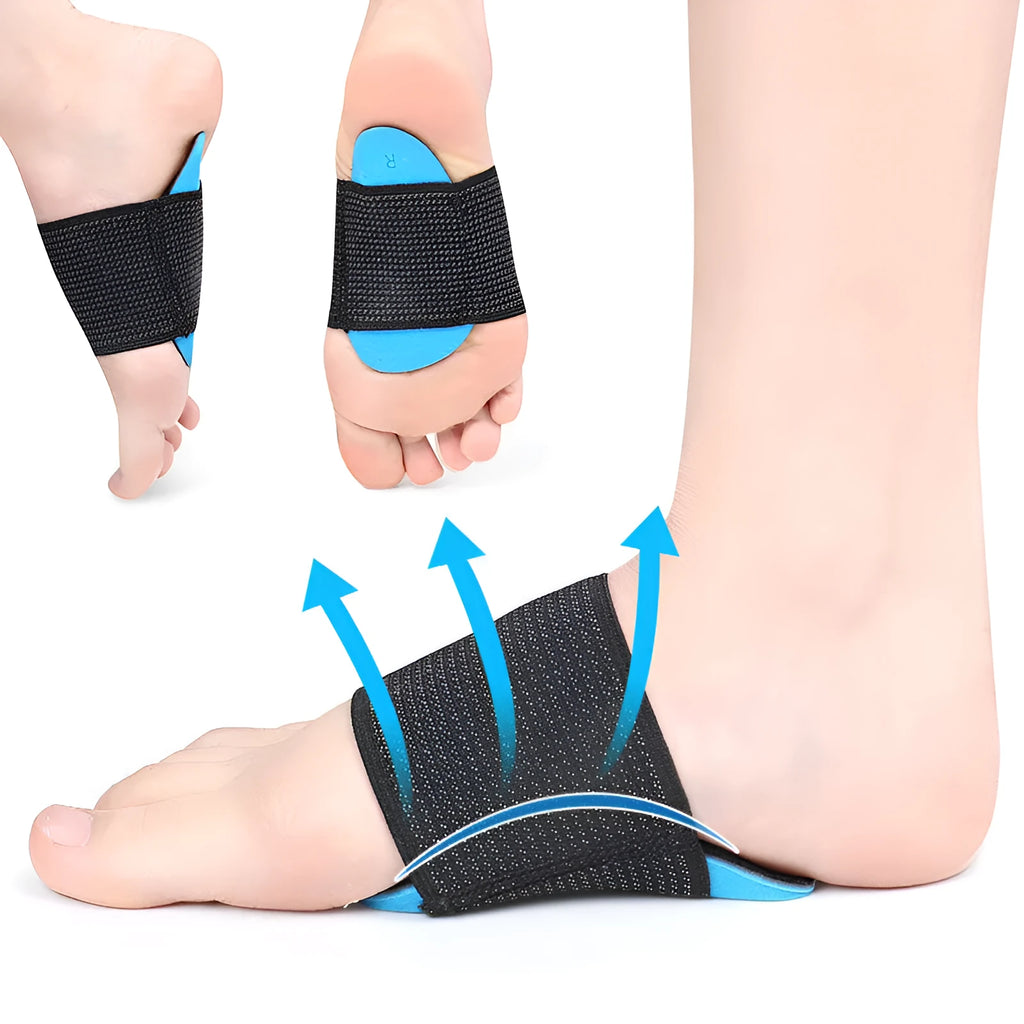 Blue flat foot arch support pads with elastic bandage sole design for adult and children sizes