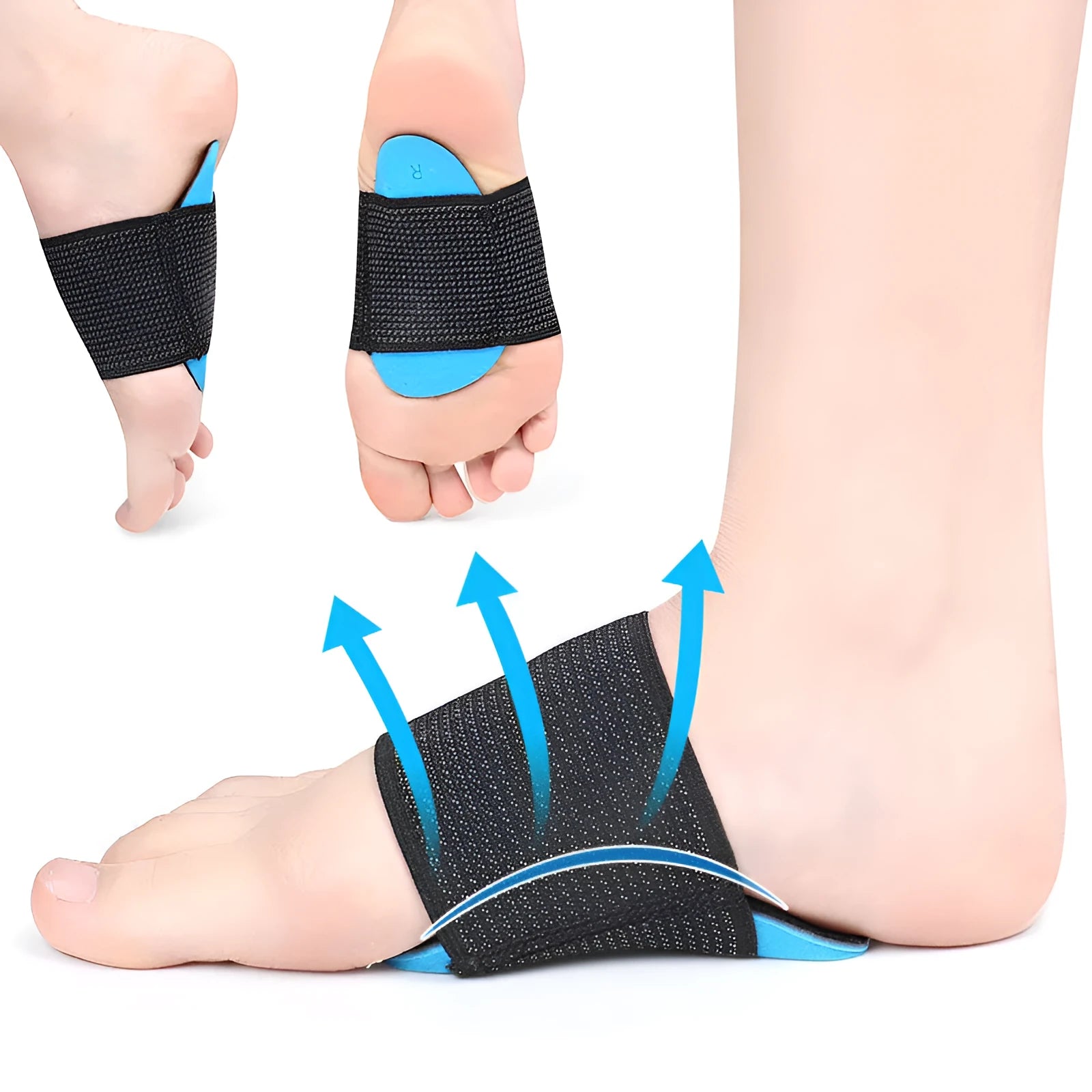 Blue flat foot arch support pads with elastic bandage sole design for adult and children sizes