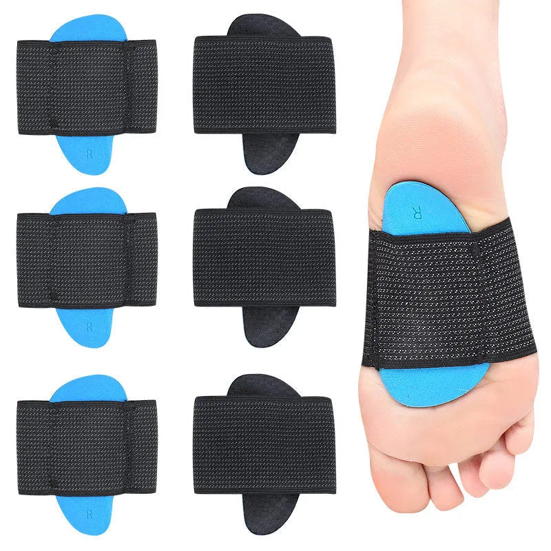 Blue flat foot arch support pads with elastic bandage sole design for adult and children sizes