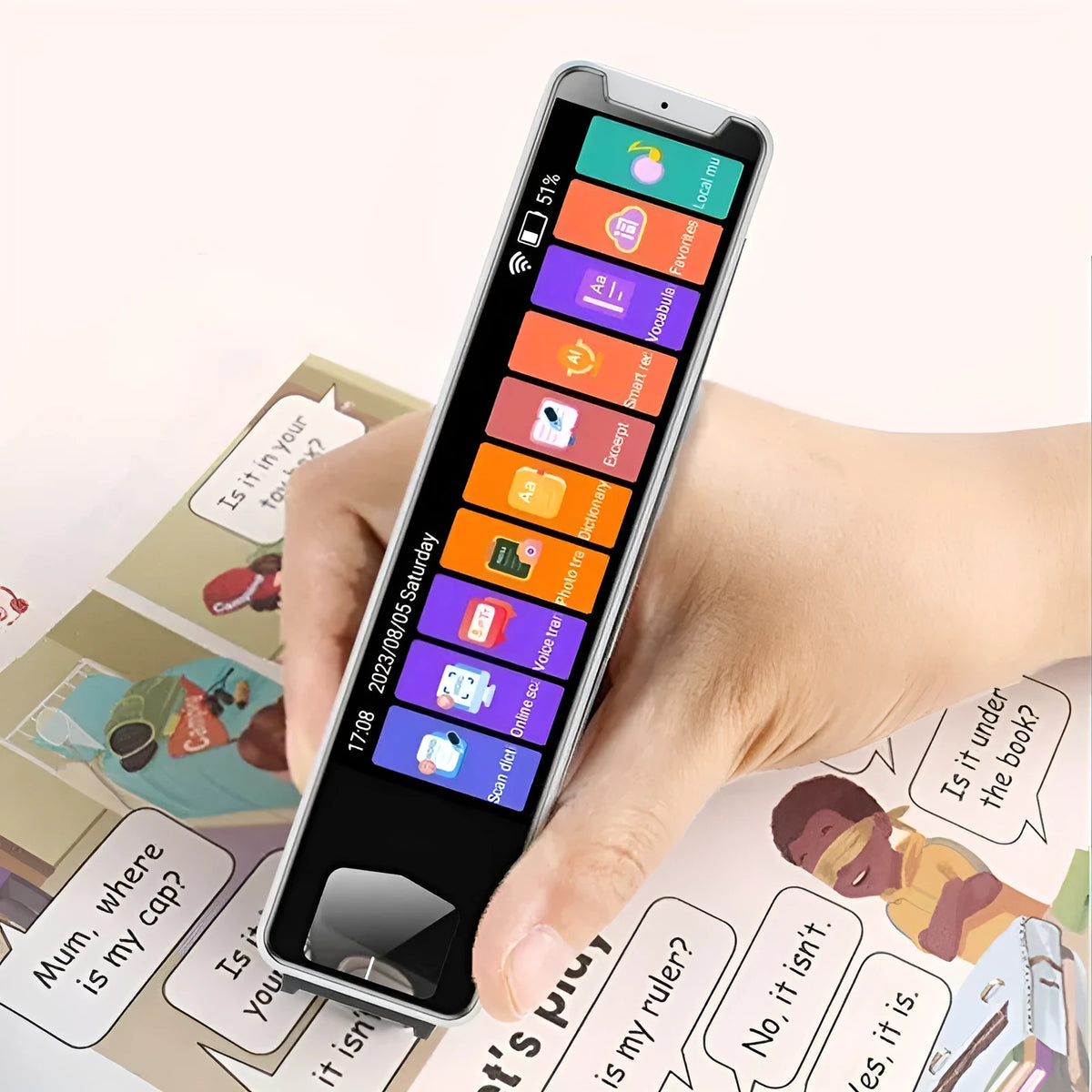 Multi-language scanning pen with 3.38in screen, ABS body, 148x36x15mm, offline Arabic model, with silicone cover.