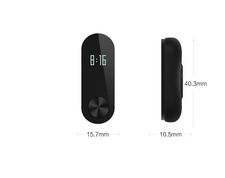 Black Xiaomi Mi Band 2 smartband with OLED screen on an adjustable thermoplastic wrist strap.