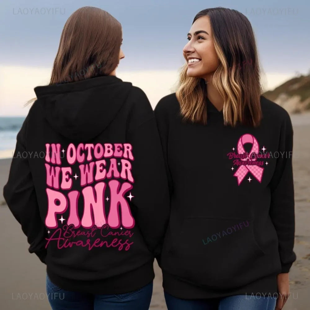 Breast Cancer Awareness pullover hoodie with retro art design and side seam pockets in a choice of colours.